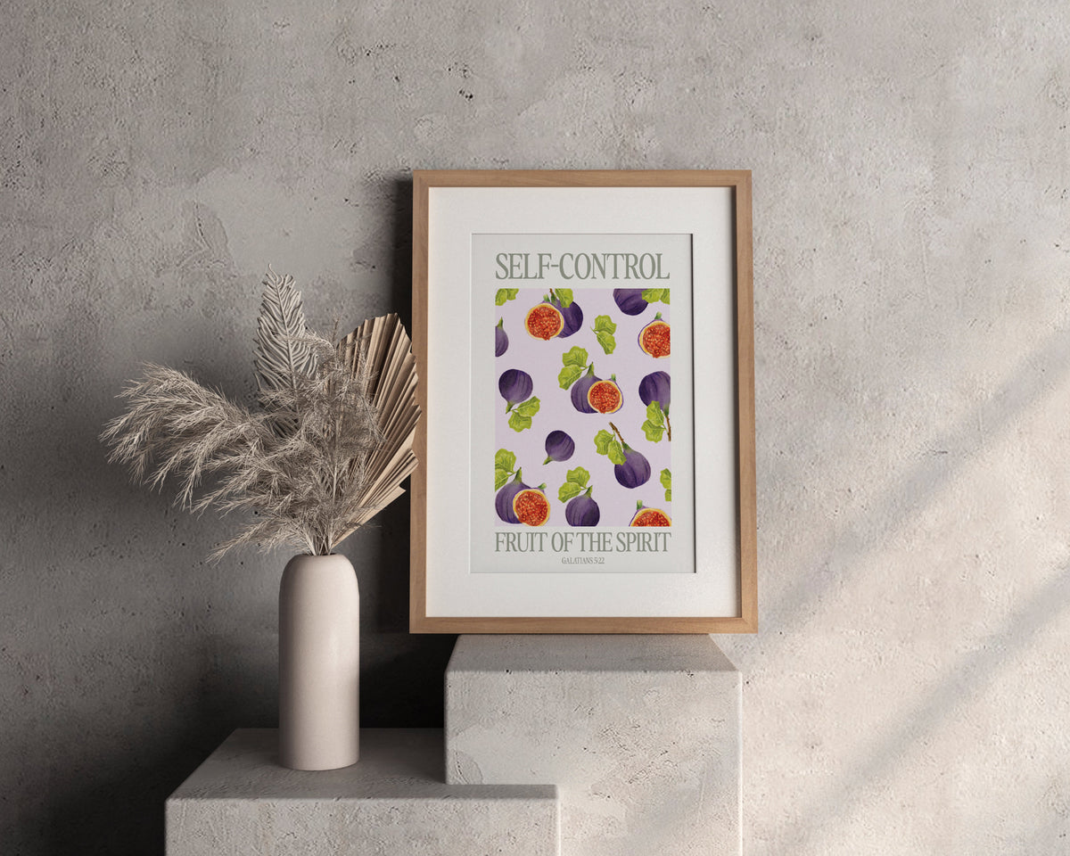 Fruit of the Spirit Poster Self-Control von Good-Natured im Rahmen an einer hellen Wand