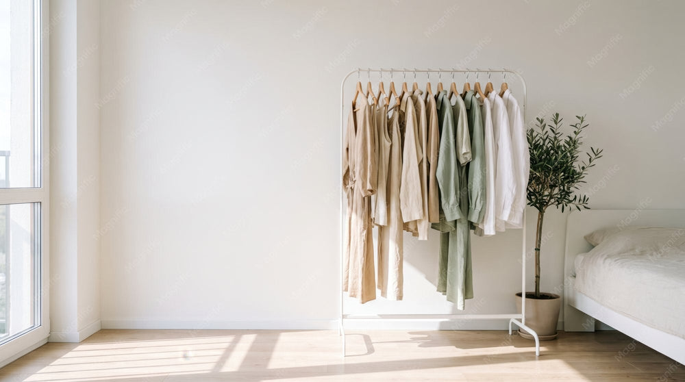 Kleiderstange mit wenigen, farblich abgestimmten Kleidungsstücken in einem hellen Schlafzimmer