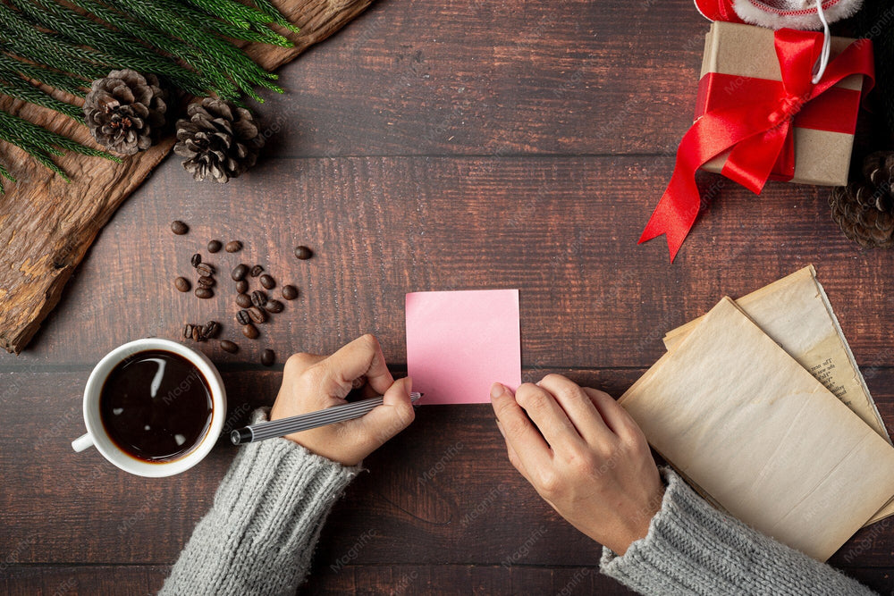 Kaffeetasse und Geschenk auf dem Tisch, daneben schreibt eine Hand eine Grußkarte