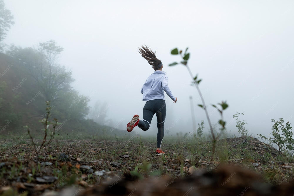 Läuferin im Nebel auf einem Weg in der Natur – Philipper 4,13 und die Kraft, die nicht aus uns selbst kommt
