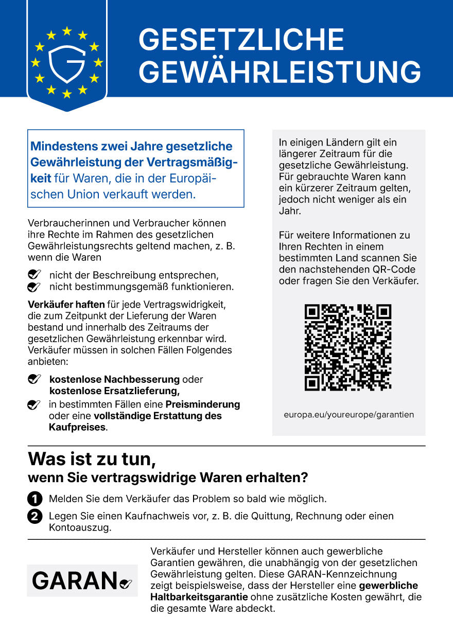 EU-Hinweis zum gesetzlichen Gewährleistungsrecht: mindestens zwei Jahre, mit QR-Code zu weiteren Informationen