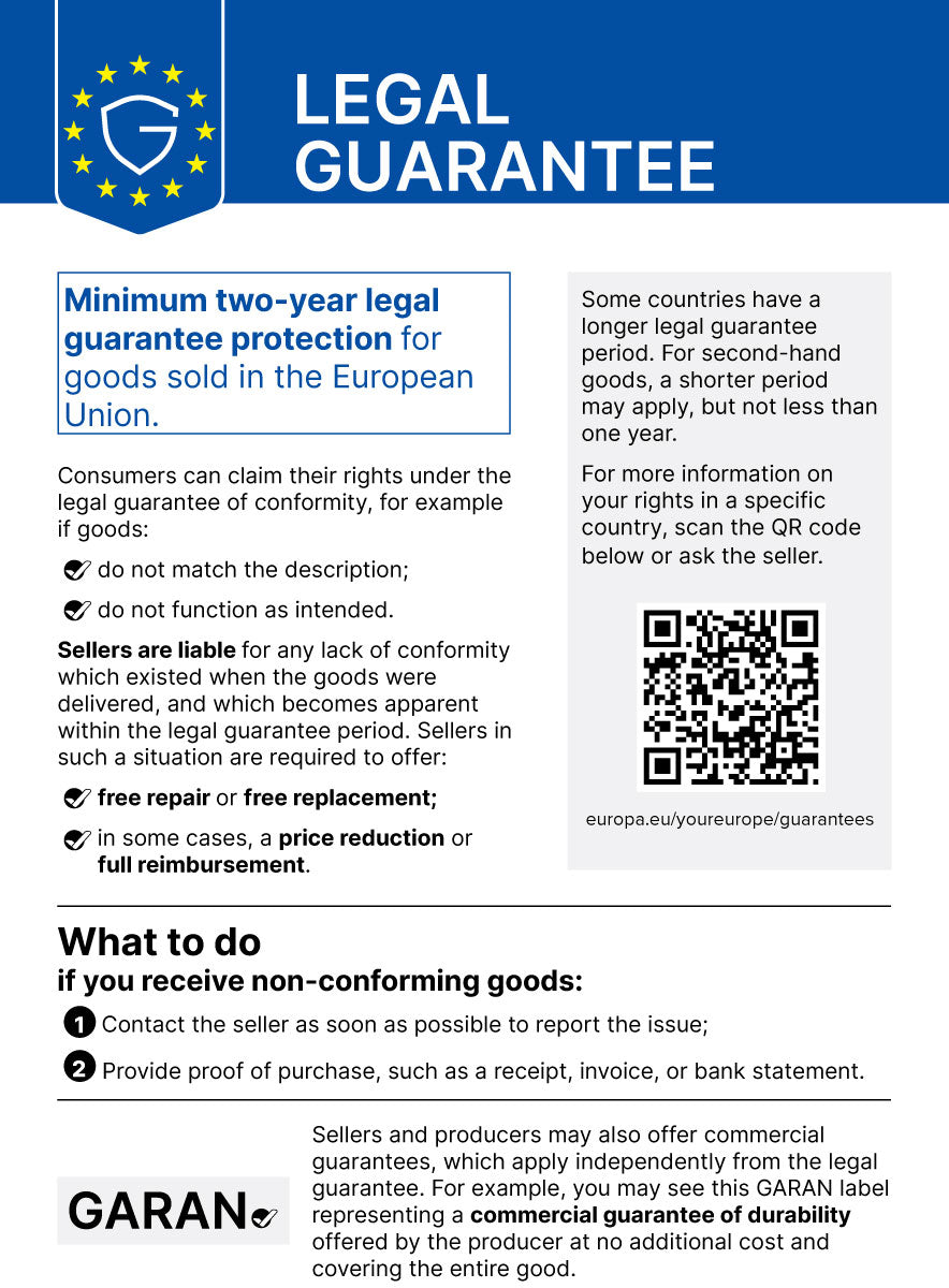 EU-Hinweis zum gesetzlichen Gewährleistungsrecht: mindestens zwei Jahre, mit QR-Code zu weiteren Informationen